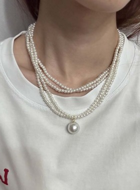 气质多层叠戴米珠珍珠吊坠项链女