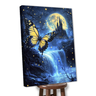 绷框钻石画非成品满钻绷好内框自己贴猎蝴蝶月景风景客厅免装裱5d