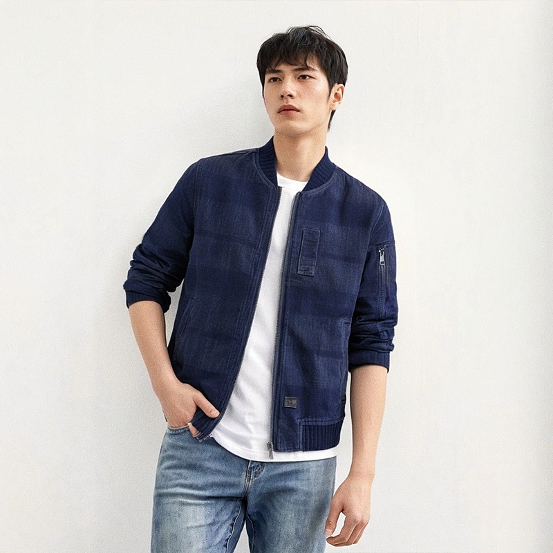 ABLE JENAS潮男秋季拉链针织毛圈牛仔夹克印花修身棒球服机车外套