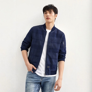 男款春秋拉链针织毛圈牛仔夹克印花修身棒球服外套