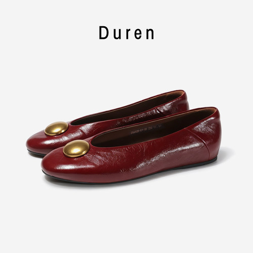 Duren油腊牛皮单鞋女平底小皮鞋浅口奶奶鞋气质通勤百搭26A62B-01
