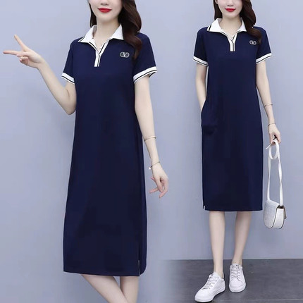 POLO连衣裙女夏季气质洋气大码宽松过膝长款显瘦运动休闲T恤裙子