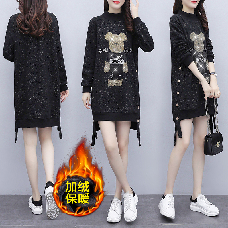 大码加绒加厚卫衣女2025秋冬小个子设计感洋气减龄烫钻打底连衣裙