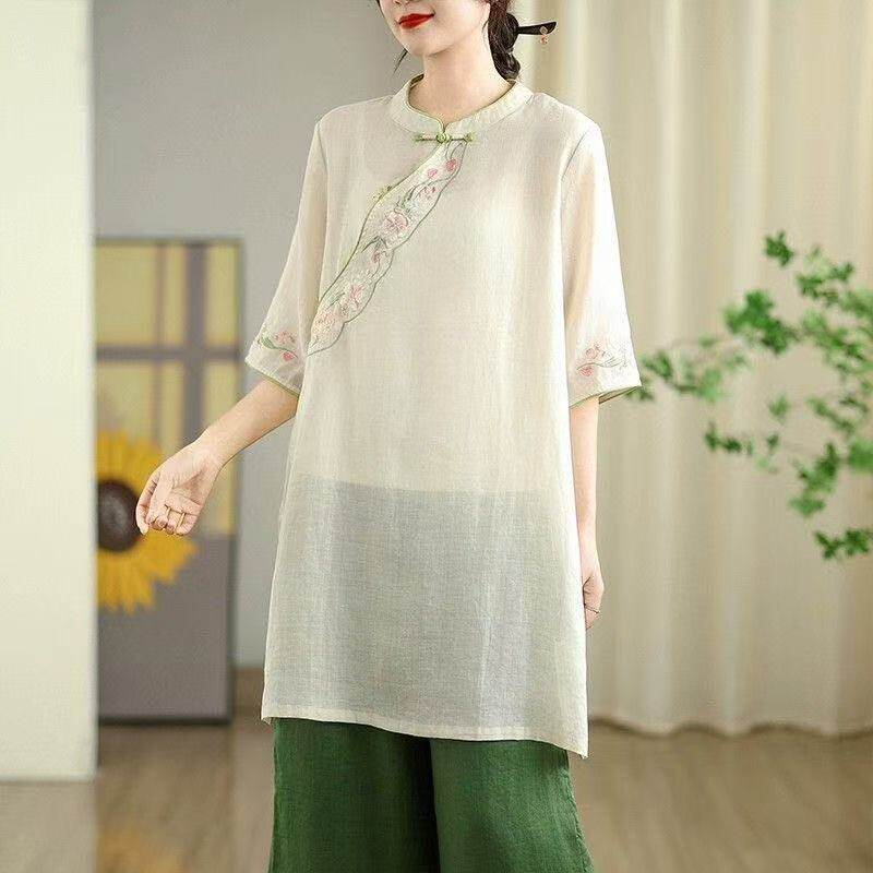 中国风连衣裙纯亚麻棉麻上衣复古盘扣刺绣花轻中式茶服女装连身裙