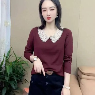 t恤女修身 气质蕾丝花边领长袖 洋气百搭气质打底上衣 春秋时尚 新款