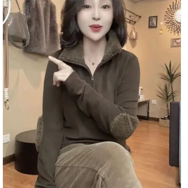 大码灰色半高领德绒打底衫女秋冬加绒加厚卫衣半拉链正肩上衣胖mm