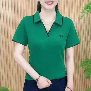 纯色简约短袖t恤女中年夏季休闲POL衫妈妈装翻领显瘦洋气半袖上衣