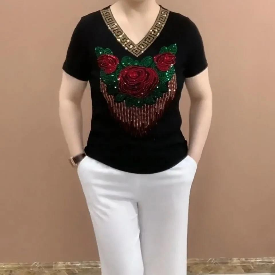 中年妈妈短袖v领减龄小衫烫钻