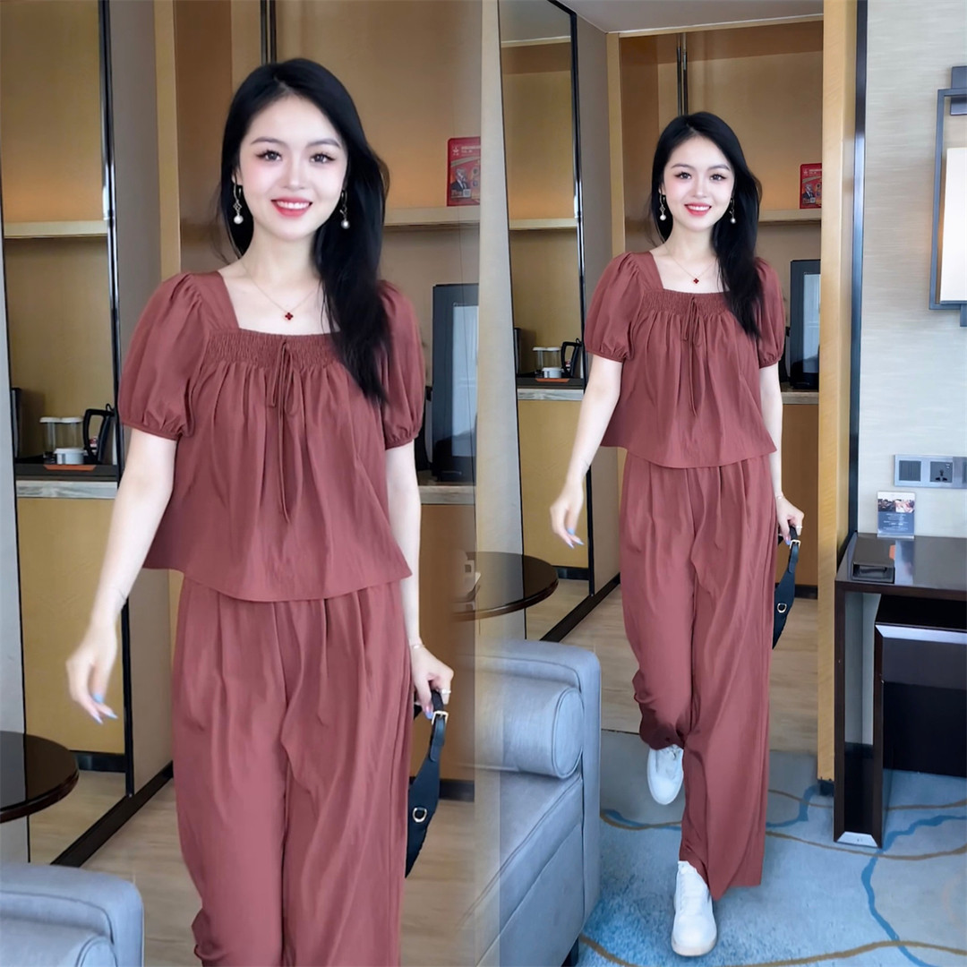 法式方领阔腿长裤套装女夏季小个子时尚洋气宽松雪纺泡泡袖两件套