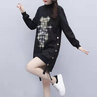 胖mm重工烫钻加绒卫衣裙洋气中长款 女装 宽松打底裙子 大码 秋冬新款