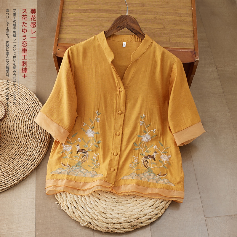 文艺复古刺绣衬衫女2025夏季新款宽松中袖薄款花边领中式茶服上衣