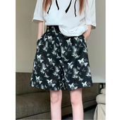 女夏季 薄款 2025新款 蝴蝶印花短裤 高腰宽松直筒冰丝雪纺阔腿五分裤