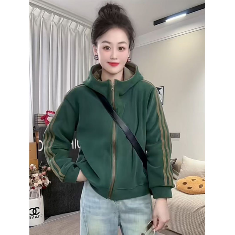 秋冬新款休闲加绒连帽卫衣外套女撞色保暖双面奥粒绒开衫休闲上衣