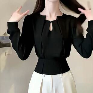 高级感黑色长袖上衣女装秋冬修身短款气质优雅简约百搭打底衫