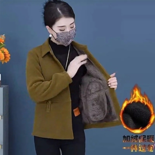 中年妈妈翻领开衫衬衫短外套秋冬加绒宽松中老年休闲女装百搭上衣