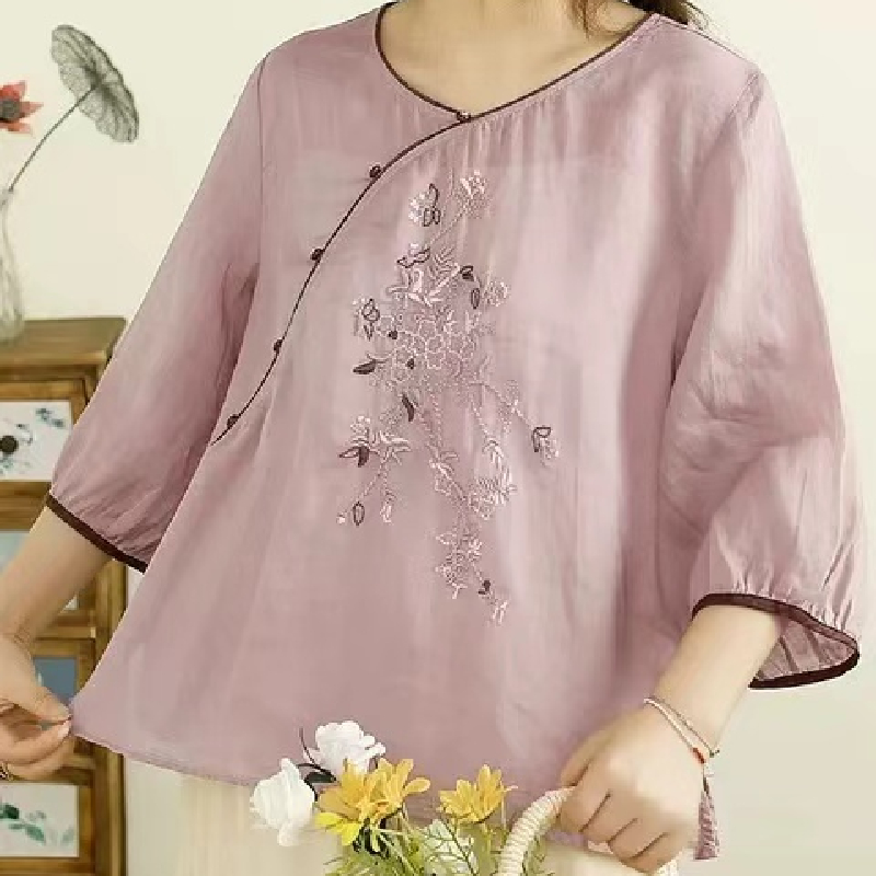 通勤夏季中式国风女装女珠扣小衫