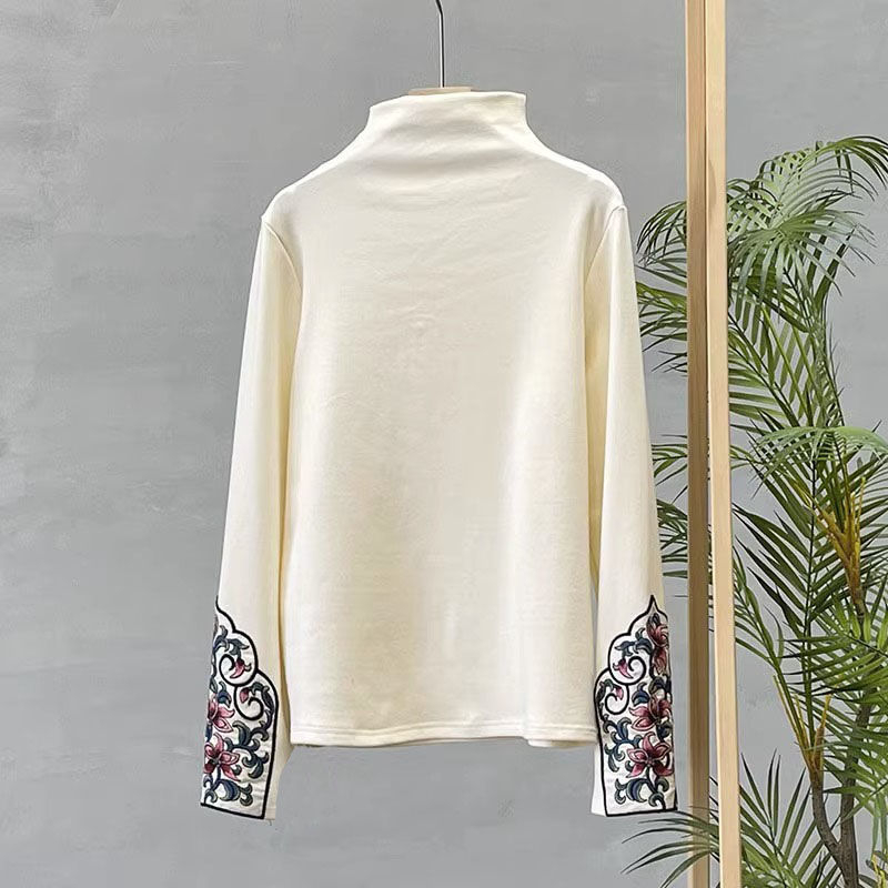 中式刺绣半高领长袖气质T恤上衣