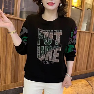 宽松百搭中年女装 字母烫钻圆领卫衣2025秋新款 洋气上衣 时尚 妈妈装