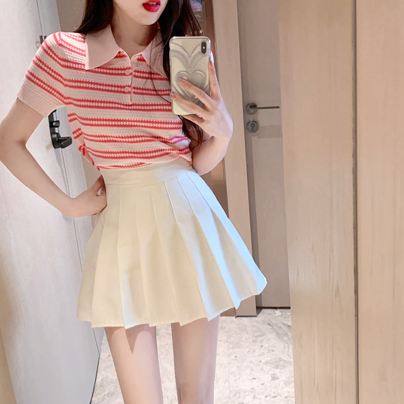 夏季小个子茶系穿搭条纹短袖t恤百褶短裙可盐可甜减龄两件套装女