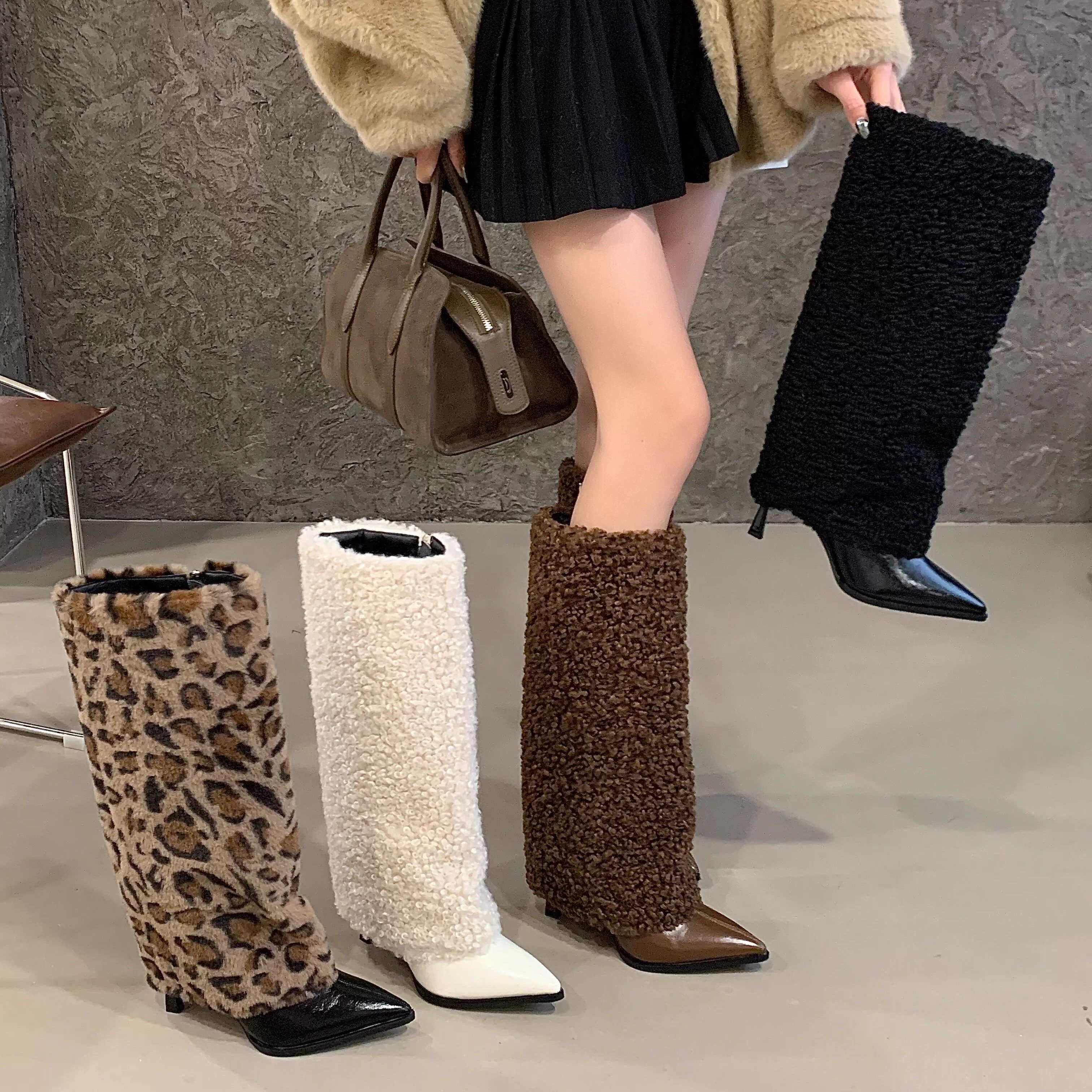 2025款巨好看的长靴秋冬辣妹豹纹高跟毛毛靴子加绒尖头细跟裤管靴