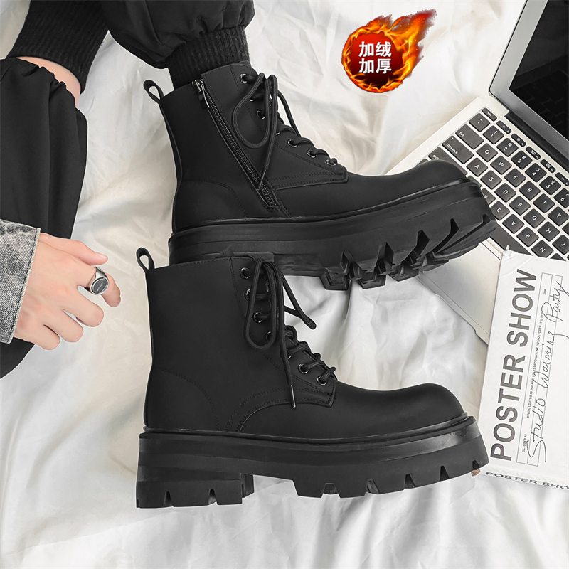 美式复古炭黑加绒德比马丁靴男增高拉链切尔西靴B253-7531-P120，男鞋马丁靴，电商B253