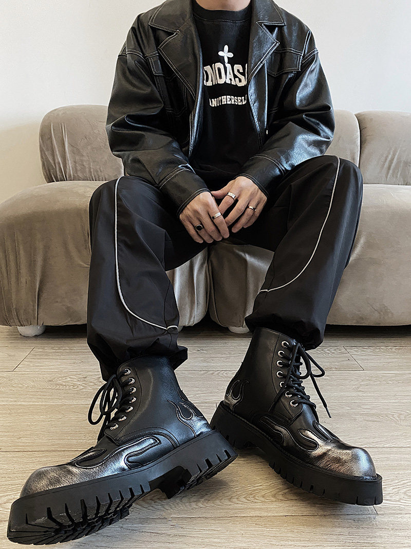 小众设计火焰靴子潮男ins马丁靴厚底户外高帮短靴B253-8519-P120,男鞋马丁靴,星座814A（原电商B253）