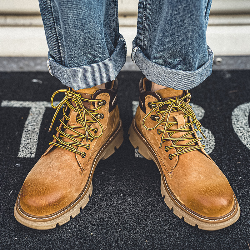 美式复古真皮马丁靴男厚底百搭工装短靴大黄靴B253-8162-P135，男鞋马丁靴，星座814A（原电商B253）