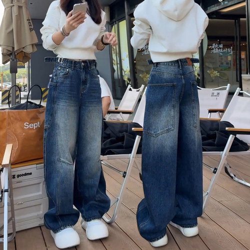 9090#厚绒61     大码牛仔裤女2026新款阔腿裤胖mm弯刀裤子