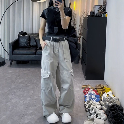 9660#53     灰色工装牛仔裤女2025年新款大码显瘦休闲阔腿长裤子