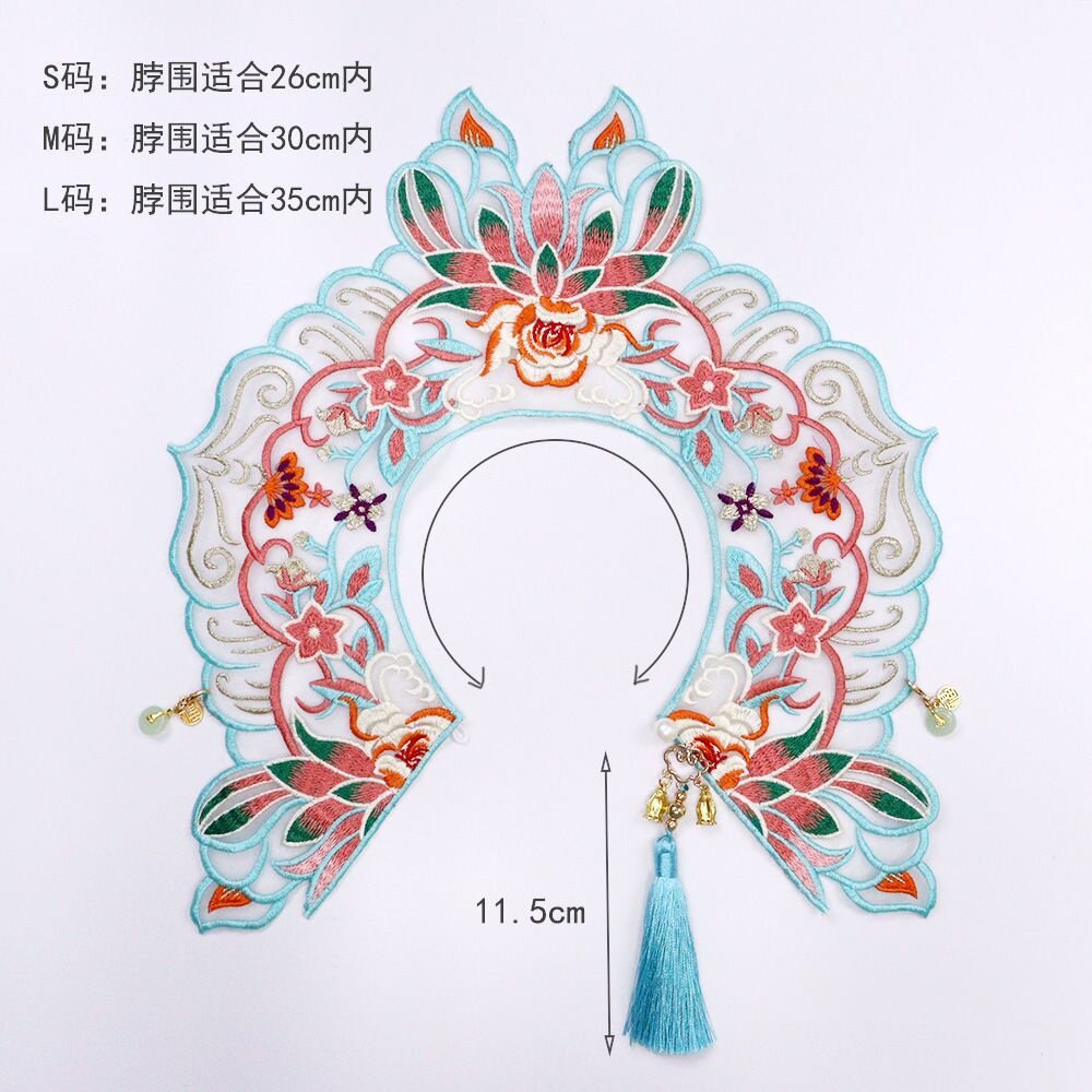 汉服配饰披肩宠物围巾国风流苏猫咪狗狗围兜蓝色莲花刺绣中式围脖