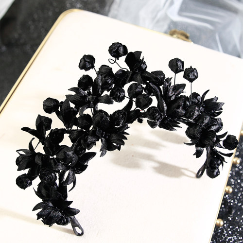 新款个性暗黑色玫瑰花苞铃兰花冠新娘头饰复古头饰品套装影楼拍照