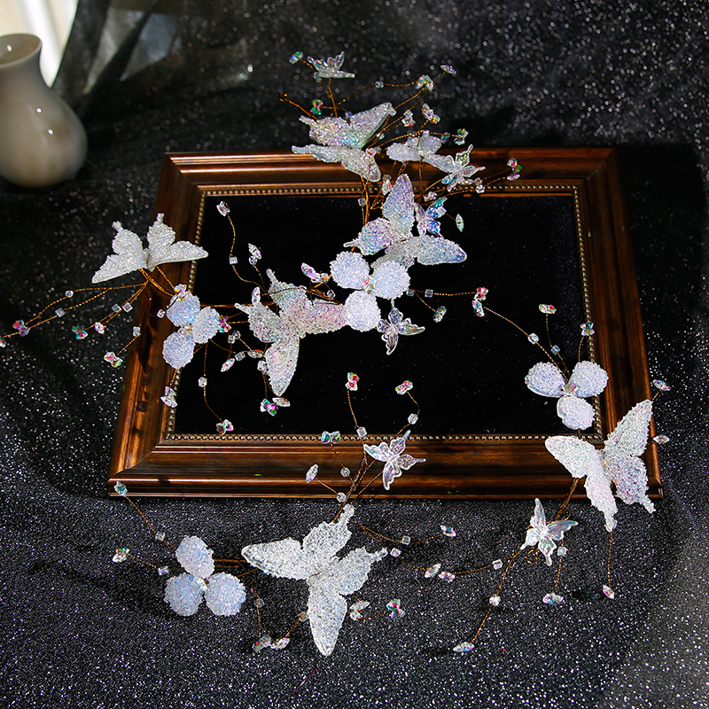 新娘头饰水晶蝴蝶边夹发带套装结婚晨袍旗袍敬酒服婚纱发饰超仙