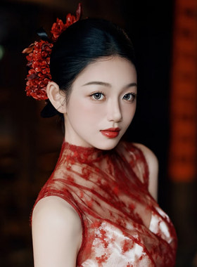 国风新中式新娘头饰红色迎客红豆干花发簪结婚旗袍晨袍敬酒服饰品