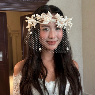 新款甜美气质缎面花朵发箍梦幻韩式新娘简约头饰遮面影楼婚纱配饰