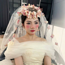 手工仙美发饰森系拍照写真婚纱配饰 新娘结婚头纱粉色头花帽子韩式