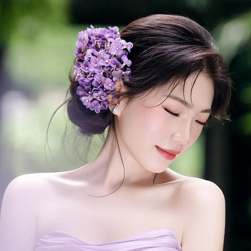 新款超仙森系紫色绣球花朵侧边夹子田园风外景结婚纱礼服拍照头饰