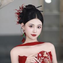 新款新娘头饰红色彼岸花发簪套装结婚晨袍旗袍敬酒服婚纱发饰森系