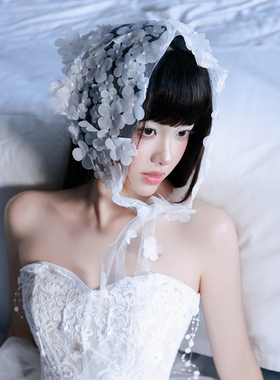 高级感娟纱花朵头纱新娘结婚头饰复古法式白色包头发带发箍头巾