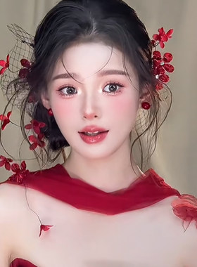 甜美新娘红色花朵发饰丝带飘带绑带礼服配饰复古甜美边夹头饰