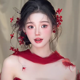 甜美新娘红色花朵发饰丝带飘带绑带礼服配饰复古甜美边夹头饰