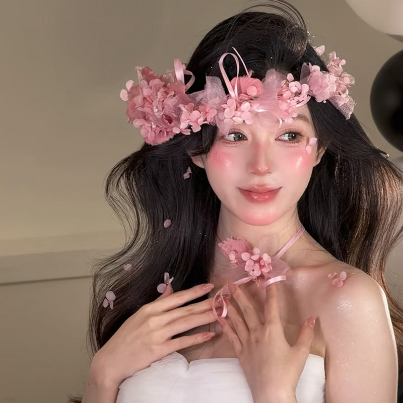 柔甜洛可可粉色绣球干花花朵发饰女头花氛围感婚纱照造型百搭发带