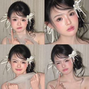 甜美蝴蝶结缎面边夹新娘超仙头饰白色仙气高级感发饰减龄婚纱夹子