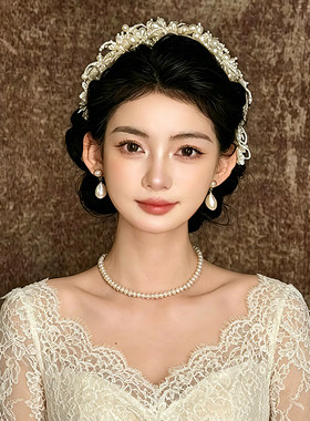 复古新娘头饰珍珠水钻蕾丝发箍结婚婚纱头纱大气甜美法式配饰