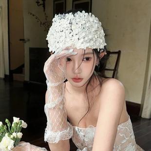 复古手工白色花瓣半花环额饰发箍发带新娘婚纱礼服少女头饰品 法式