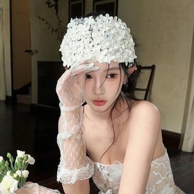 法式复古手工白色花瓣半花环额饰发箍发带新娘婚纱礼服少女头饰品