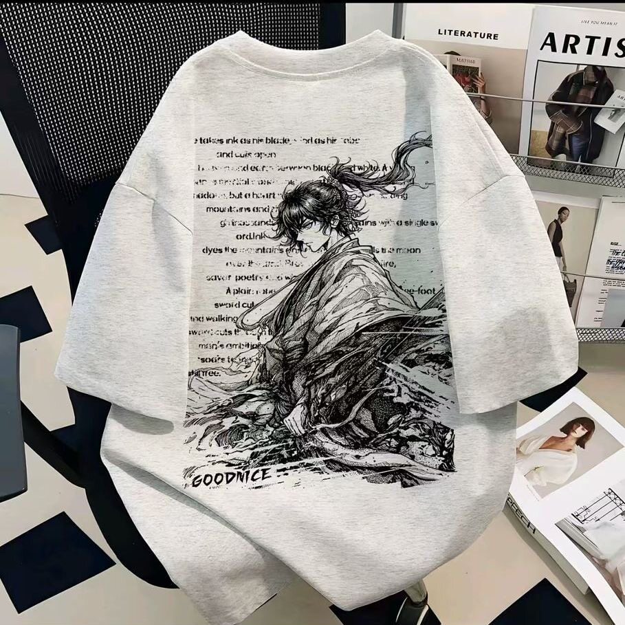 剑来印花重磅纯棉宽松落肩T恤