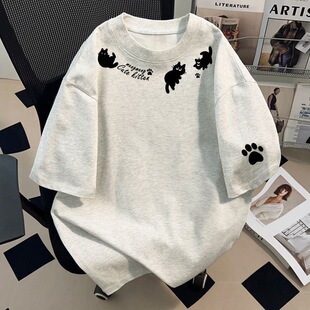 重磅纯棉美式潮牌高级感小黑猫印花短袖t恤男女小众夏季新款上衣