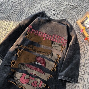 复古做旧水洗t恤情侣装纯棉重磅夏季美式潮牌休闲男士印花半截袖