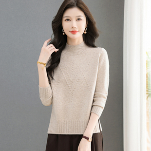 2025冬季新品半高领羊绒衫妈妈装大码宽松遮肚保暖针织毛衣女上衣