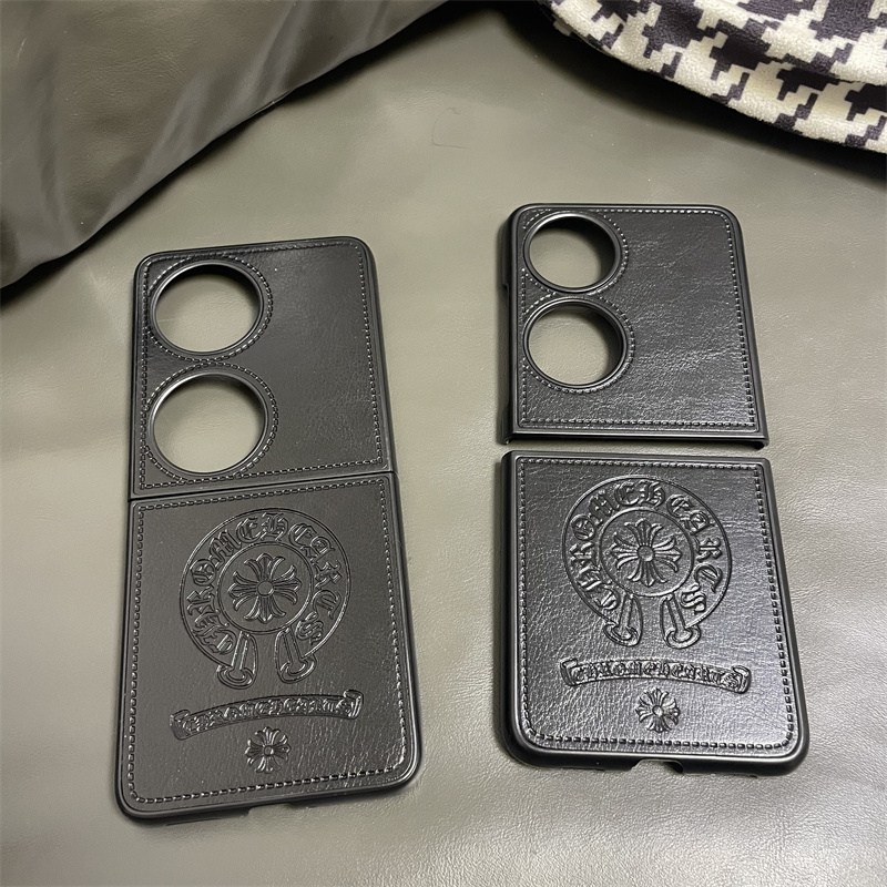 适用华为p50pocket/s上下折叠屏黑色贴皮手机壳Pocket2潮男款磨砂全包硬壳防摔皮纹保护壳加绒内里简约壳